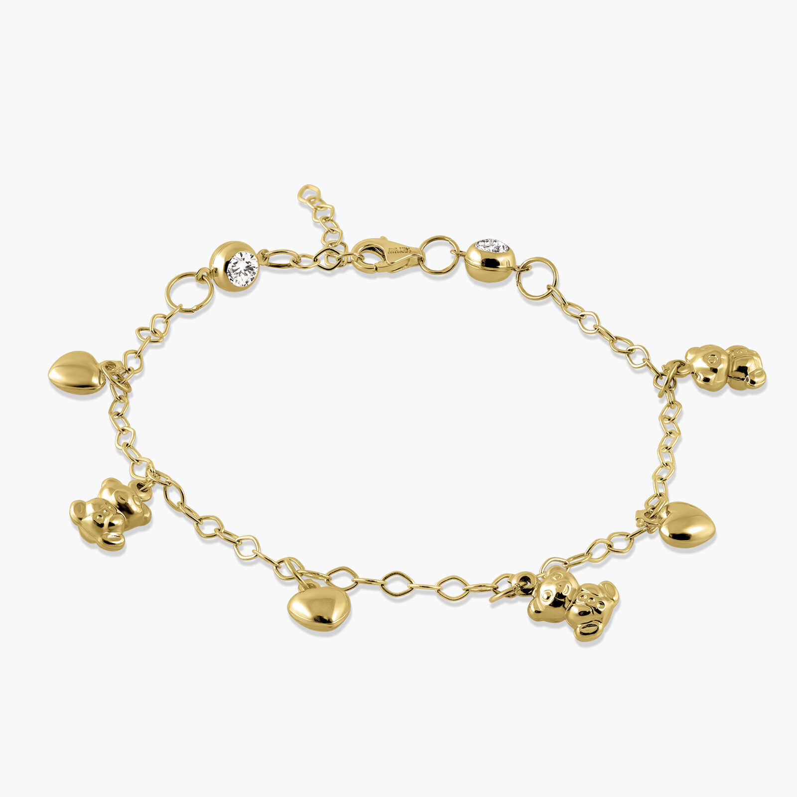 צמיד זהב משולב צ'ארמים של דובונים ולבבות