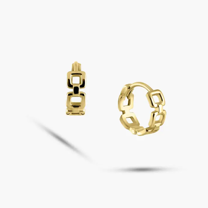 עגילי חישוק מזהב 14K עם מבנה חוליות גיאומטריות