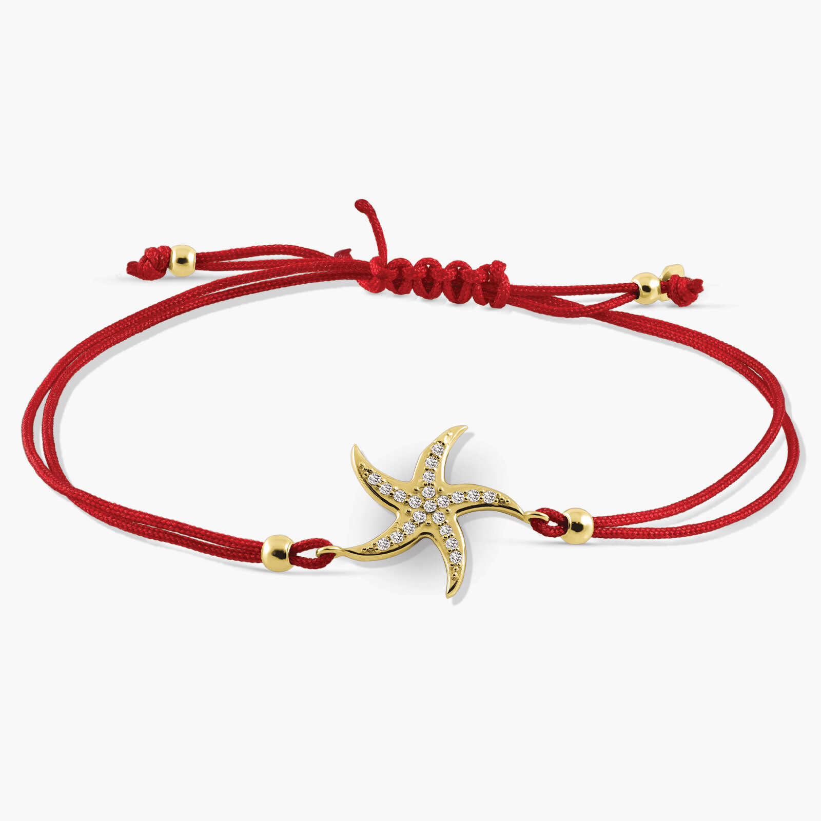 צמיד כוכב ים משובץ זרקונים מזהב 14K בשילוב חוט אדום
