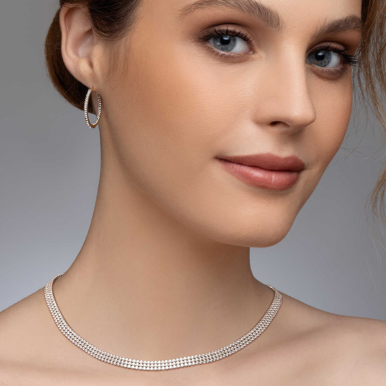 שרשרת צ'וקר טניס מזהב 14K בשיבוץ שלוש שורות של זרקונים