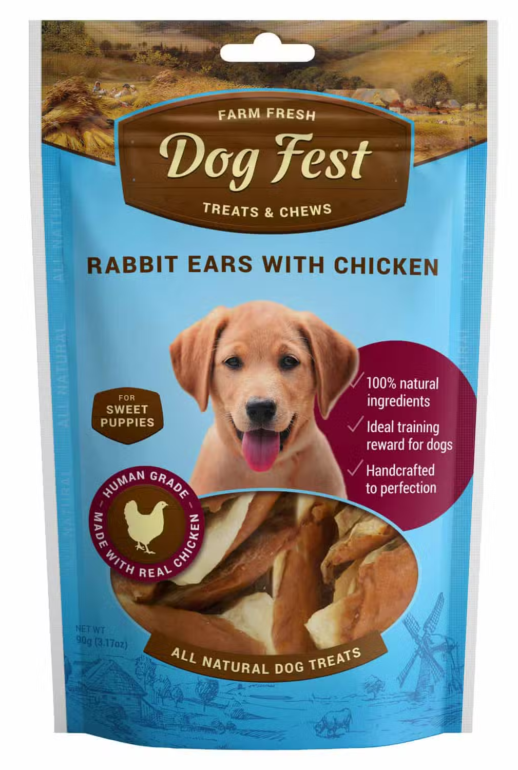 חטיף אוזני ארנבת במילוי עוף לגורי כלבים