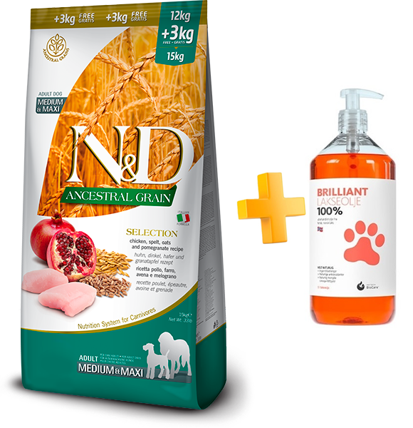 מבצע! ND אנסס סלקשן מזון לכלב בוגר בינוני\גדול עוף ורימון + שמן סלמון במתנה!