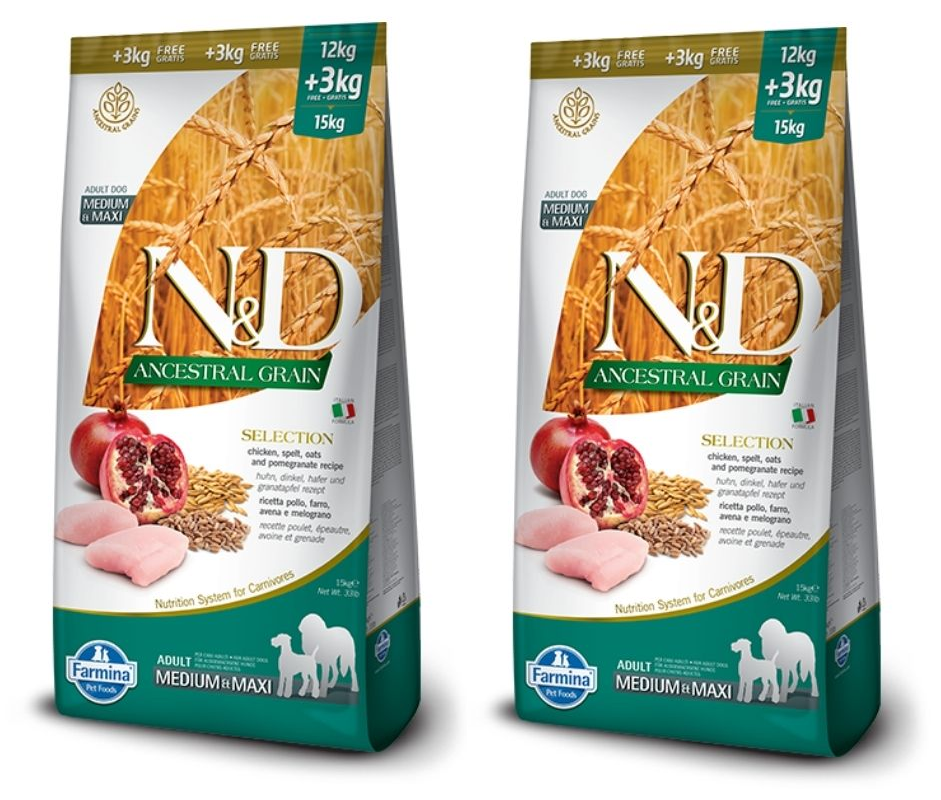 2 שקי ND אנסס סלקשן מזון לכלב בוגר בינוני\גדול עוף ורימון 15ק"ג כל שק